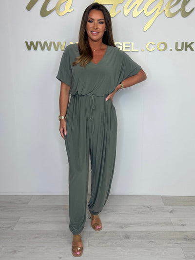 2025 Cotton jumpsuit with V-neck and tie belt